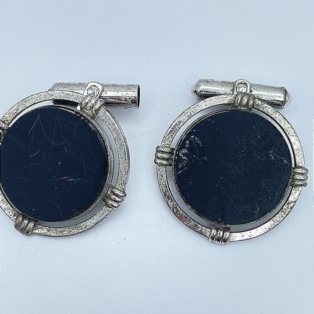 Vintage 80s Black Onyx Cufflinks Silver Tone Round Art Deco Swivel Jewelry